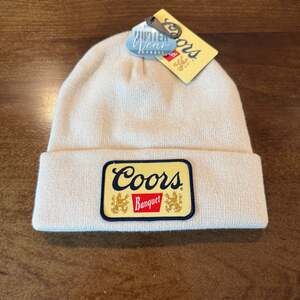 NWT Coors Banquet Patch Knit Cuff Beanie Hat Off-White